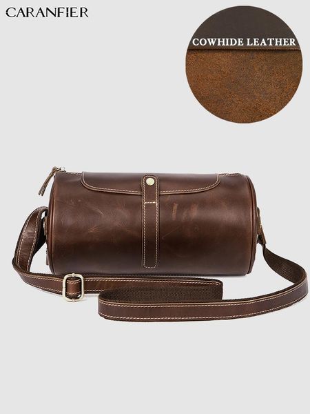 

caranfier mens shoulder bag genuine cowhide leather briefcase handbag business vintage travel cylindrical messenger