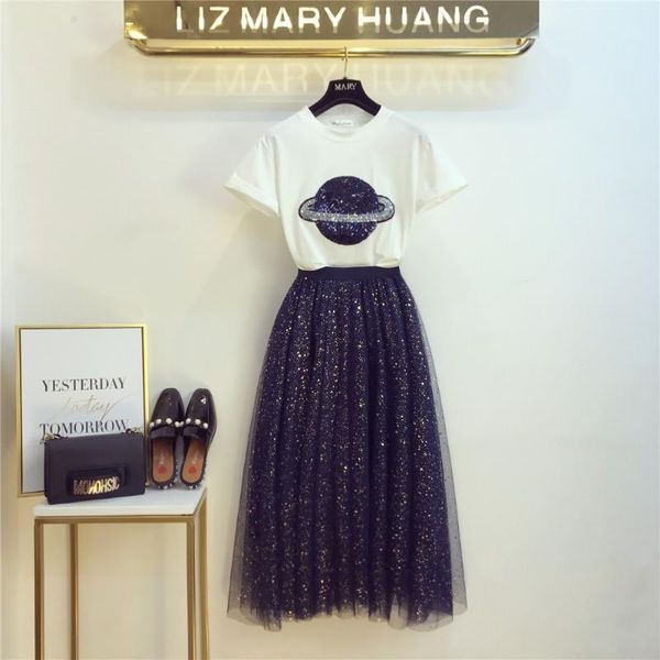 

amolapha women sequined planet pattern short sleeve tshirt+sequined mesh mid calf skirts 2pcs set suit1, White