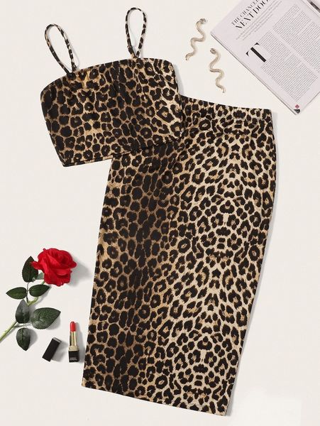 

leopard print crop cami & bodycon skirt set m4b5#, White