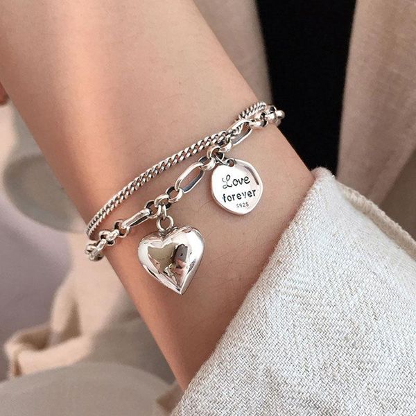 

love letter heart double layer bracelet for women unique design hand chain thai silver plated bangle kpop retro baroque jewelry, Black