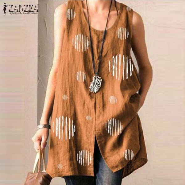 

women's blouses & shirts vintage printed tank women's summer blouse 2021 zanzea casual split sleeveless tunic female o neck blusa, White