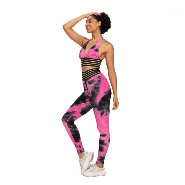 

yoga outfits pink tie dye set sports bras for women workout clothes leggings suit fitness mesh patchwork gym female1, White;red