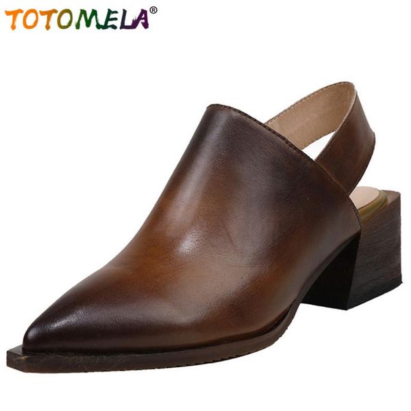 

totomela 2020 new arrive women pumps vintage full genuine leather shoes european style summer square heel casual shoes woman, Black