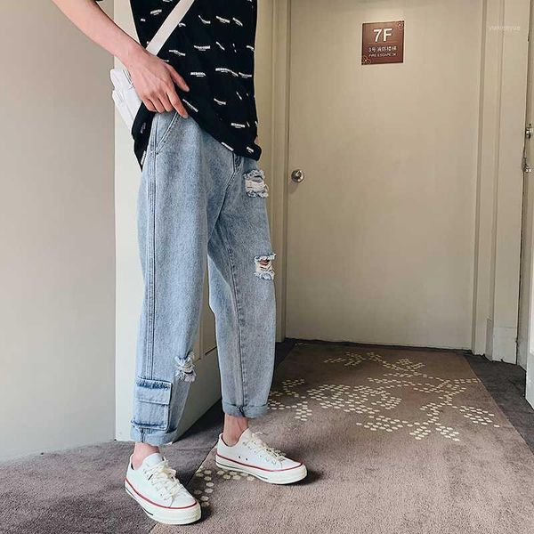 

2020 men's wash light blue color hole jeans stretch slim fit homme trousers biker denim fashion high-quality casual pants -2xl1