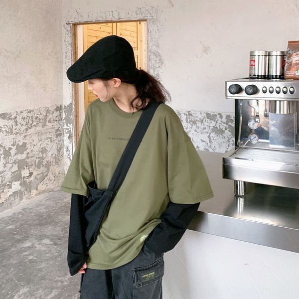 

2020 spring and autumn new women's wear korean fake two piece long sleeve t-shirt women'scoat t-shirt small letter printed 844qw 8, White