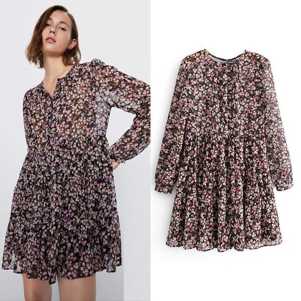 

2021 new boho style floral print pleated dress long sleeve women mini dress o neck loose ladies dresses beach sundress ropa, Black;gray