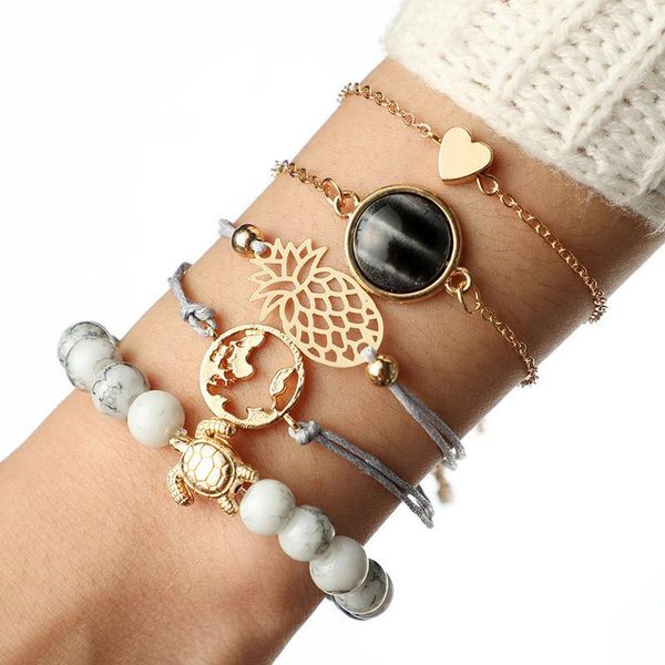

5 pcs/ set bohemian map turtle love charm bracelets bangles for women fashion strand bracelets sets jewelry gift1, Black