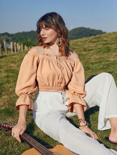 

floral embroidery tassel tie off shoulder flounce sleeve crop blouse x4dk#, White