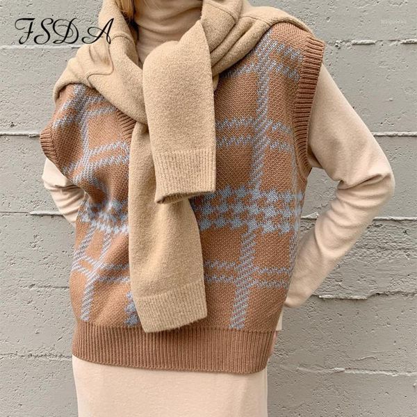

fsda v neck loose houndstoot vest sleeveless women casual autumn winter 2021 new knit sweater oversized fashion pulliver khaki1, Black;white