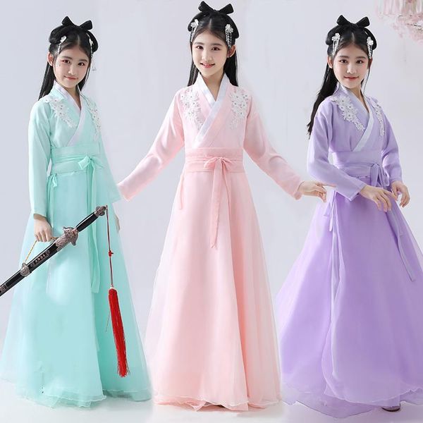 

traditional ancient chinese folk dance costumes girls children classical clothes kids tang dynasty hanfu dress show wear dn49321, Black;red