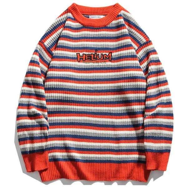 

mens striped knitted loose sweaters 2020aw hiphop casual vintage oversize couple round neck pullover sweater, White;black