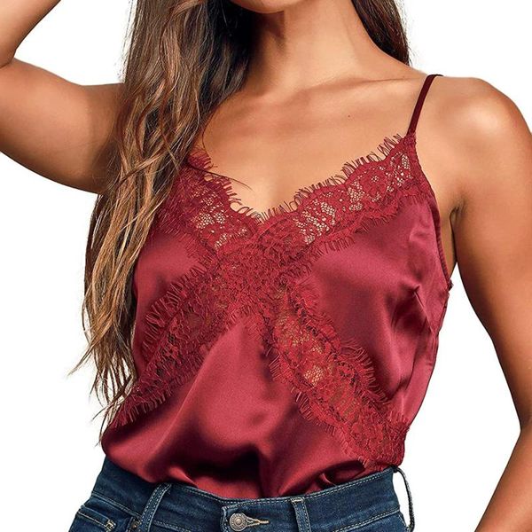

new women ladies cami trendy spaghetti strap lace patchwork solid color camisole black yellow red, White