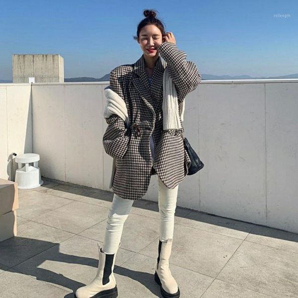 

superaen 2021 winter plaid woolen coat waistline slim notched single button cotton women jacket1, Black;brown