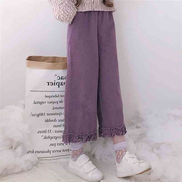 

japanese fall winter women lolita style pants purple khaki corduroy wide leg pants preppy school girl cute kawaii ruffles, Black;white