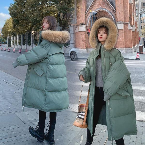 

woman parkas 2020 winter new korean fashion loose long sleeve big fur collar over the kneesolid color bread cotton coat m18, Black
