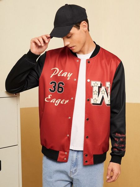 

men letter & star print color block jacket without hoodie i1ql#, Black;brown