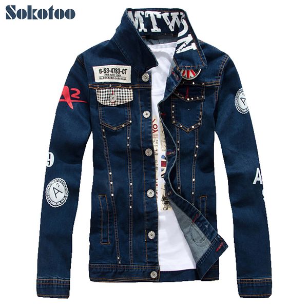 Sokotoo Men's Slim Inglês Flag Patch Design Rebite Jean Jaqueta Casual Azul Escuro Lavado Denim Casaco Outerwear 201004