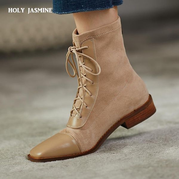 

women shoes 2020 autumn new genuine leather female martin boots suede women booties british lace retro trend naked boots, Black