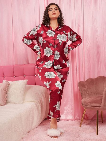 

plus floral print contrast piping satin pj set u4qx#, Black;white