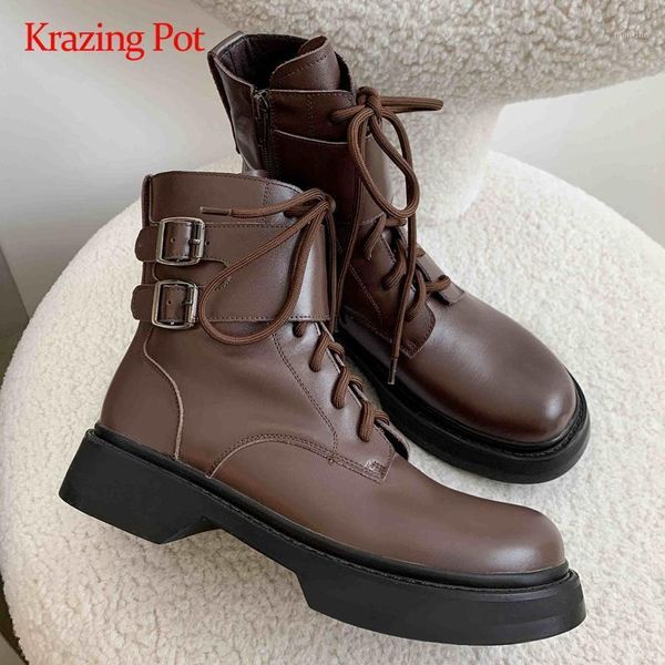 

krazing pot motorcycle boots genuine leather buckle decorations handsome round toe thick med heel zipper maiden ankle boots l091, Black