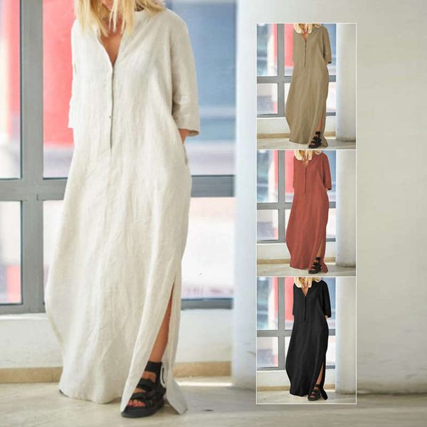 

sleeve 2020 large dress v-neck middle button cotton linen split loose pocket gown, Black;gray