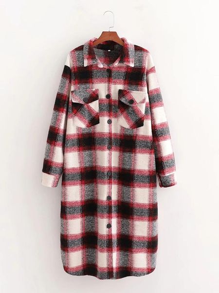 

vintage chic red plaid pockets long woolen jacket women fashion turn-down collar single breasted coat outerwear, Black;brown