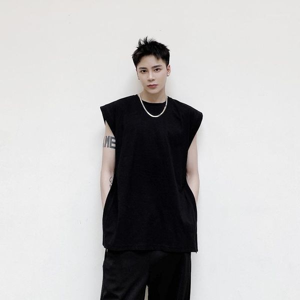

men' tank men streetwear casual side split black white tanks male japan style fashion loose sleeveless tees shirts1, White;black