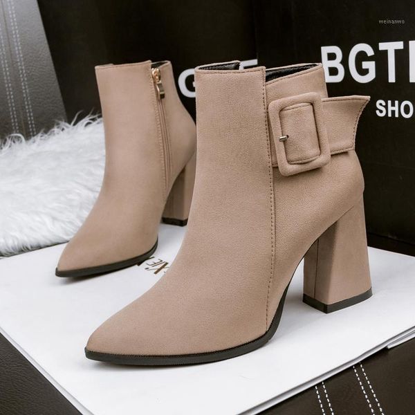 

2020 winter fashion women buckle strap suede ankle boots 8cm square high heels boots warm furry apricot short ladies shoes1, Black