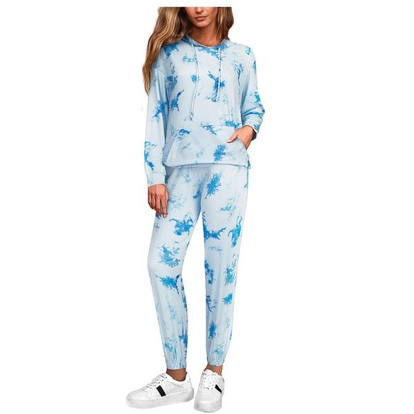 

leisure women's printed tie-dye home sets fashion service loose and comfortable tracksuit running sets #3, Black;blue