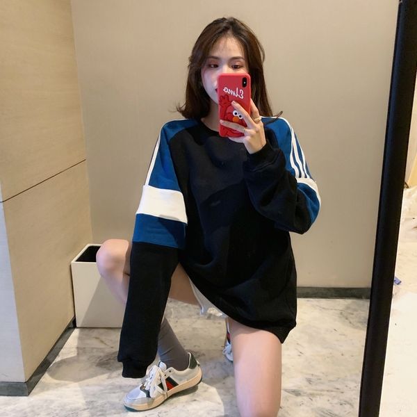 

9nkte kg081 internet celebrity 2020 autumn sweater new sweater style long sleeve loose round neck stitching mid-length lazy for women, Black