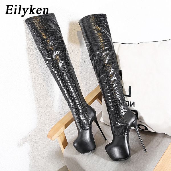

eilyken pu leather nightclub stripper fashion platform round toe motorcycle over knee boots women high heels shoes y1221, Black