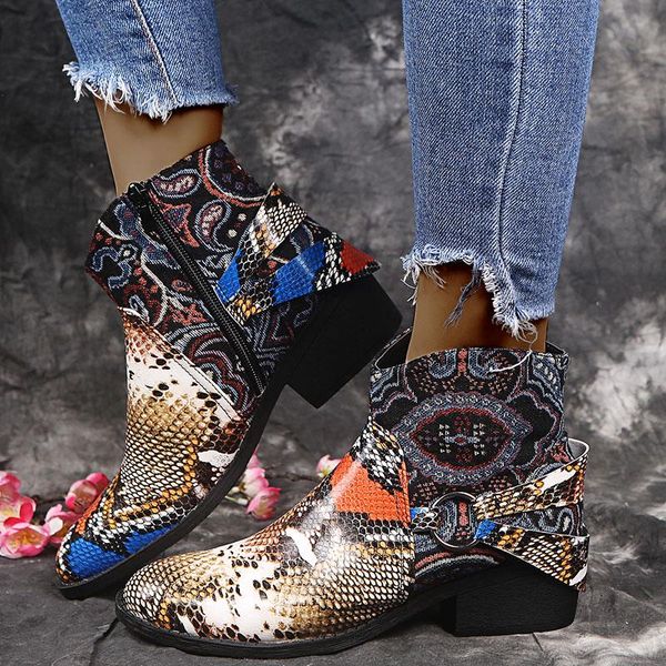 

2020 vintage snake print ankle boots women shoes female low heels buckle platform short western boots winter new buty damskie, Black