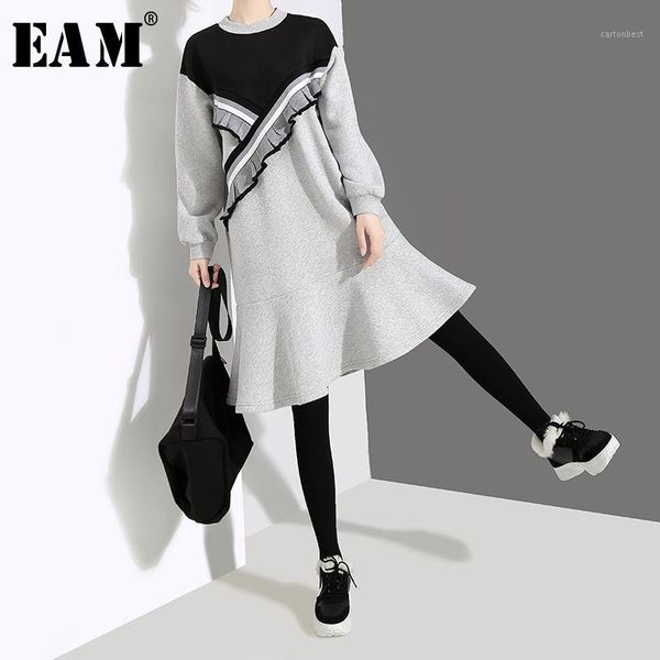 

casual dresses [eam] 2021 spring winter round neck long sleeve black hit color striped ruffles stitch loose dress women fashion tide jl1041, Black;gray