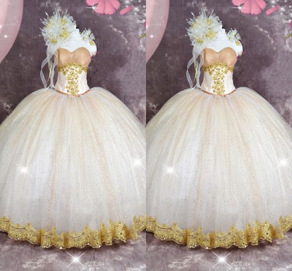 2022 Bling Champagne Tulle выпускные платья длинные шариковые платья золотая аппликация из бисера плиссированные без бретелек шнурок купюрного платья сладкие 16 девушек