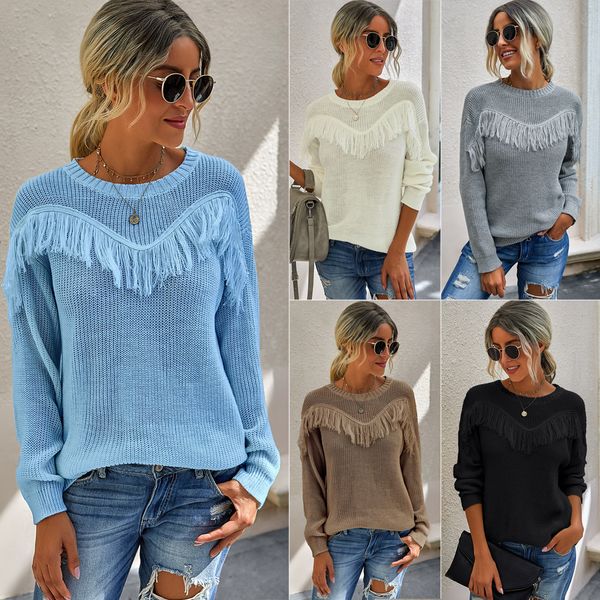 

2021 knitted jumpers long sleeve o neck women pullover autumn color block casual sweater winter new ueza, White;black