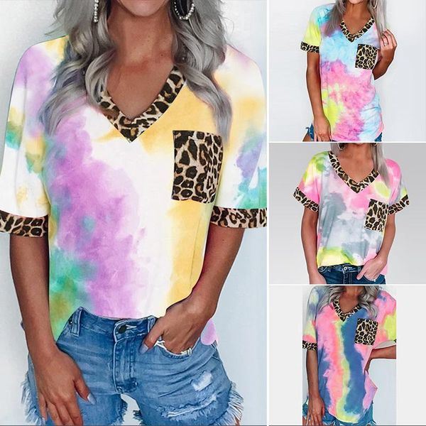 

women's tie-dye printed rainbow gradient leopard print short-sleeved t-shirt, White