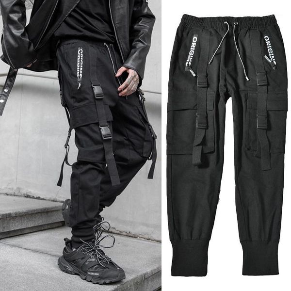 

men's pants streetwear black harem jogger men hip hop pockets ribbons sweatpants mens trousers casual slim cargo for man1