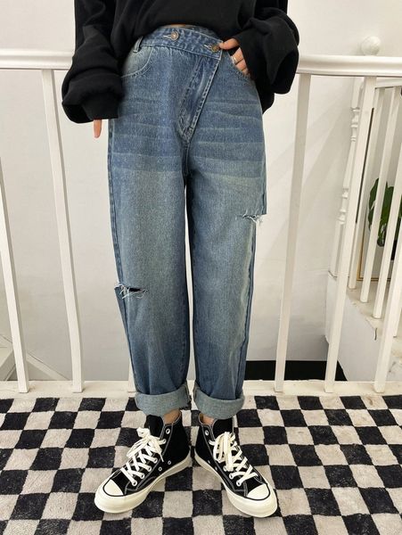 

dazy high waist bleach wash ripped frayed mom jeans a55a#, Blue