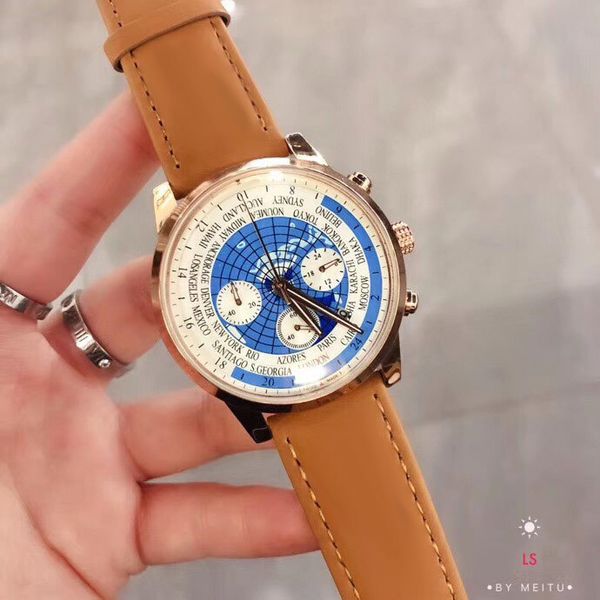 

new style men watch casual all sub-dials work leather strap satch quartz watches for mens waterproof wristwatches, Slivery;brown