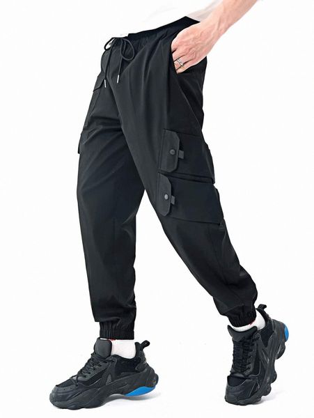 

men slant pocket cargo pants 99r3#, Black