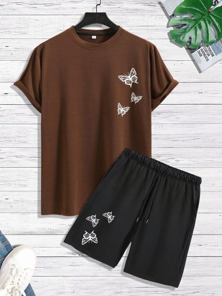 

men butterfly print tee & drawstring waist shorts e6az#, Gray