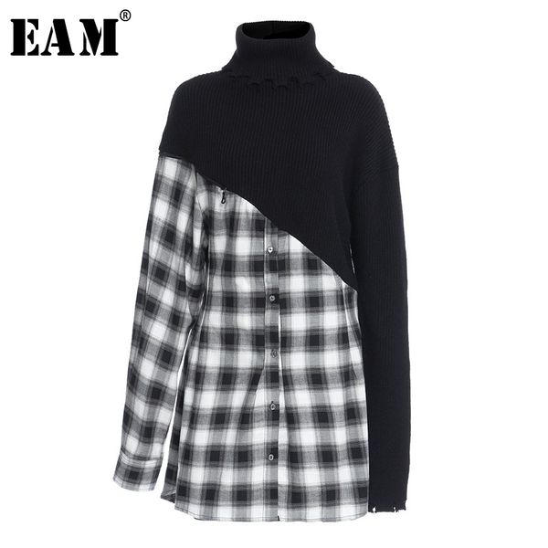 

[eam] women black plaid irregular knitting dress new turtleneck long sleeve loose fit fashion tide spring autumn 2020 1z175 lj201202, Black;gray
