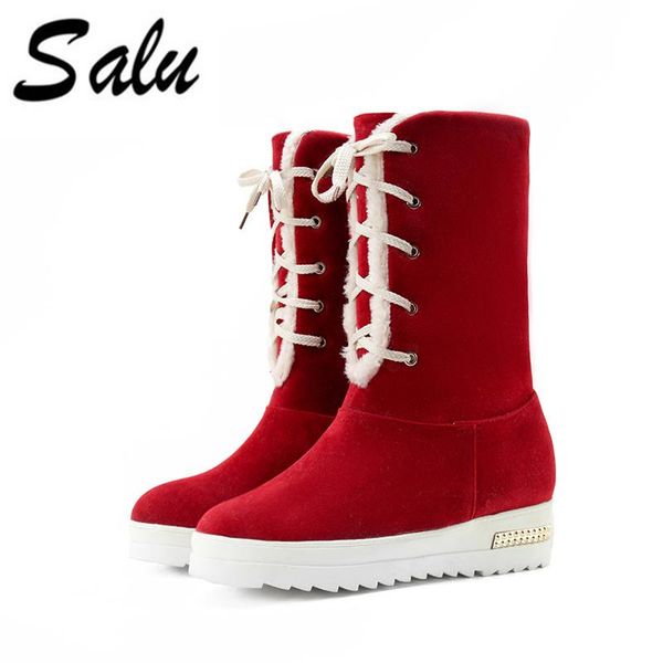 

salu 2020 new women thick bottom snow boots lace up inside heel boots warm fur shoes winter botas women footwears big size 11, Black