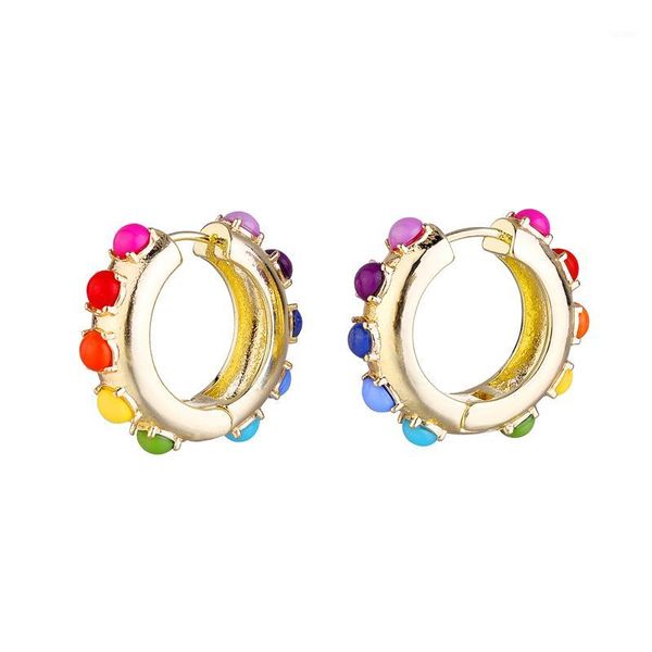 

zfyin rainbow colorful trendy huggies hoop earrings for summer- gold color cooper metal earring1, Golden;silver