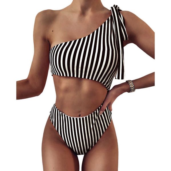 

women's striped one-piece swimsuit stylish one-shoulder beach bikini swimwear bathing suit with chest pad, White;black