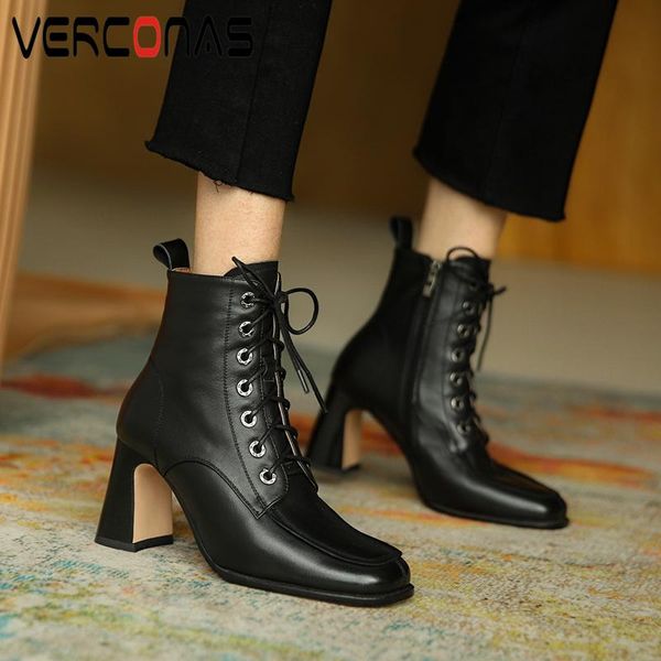 

verconas 2020 women ankle boots elegant office lady autumn winter genuine leather shoes woman cross-tied thick heels zip boots, Black