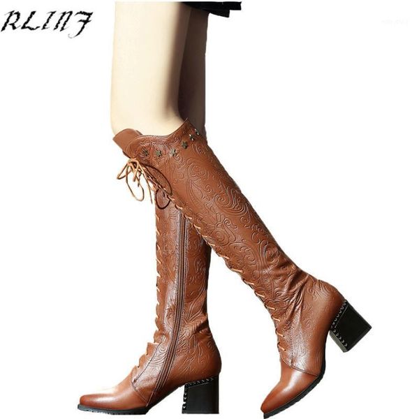 

rlinf 2020 women over the knee high boots cow leather fashion lace up pointed toe all match women motorcycle boots size 34-391, Black