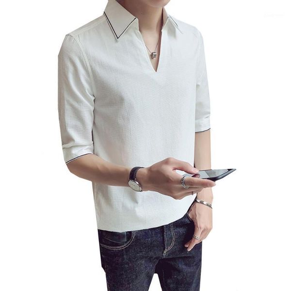 

mens business casual half sleeve shirt 2020 classic male korean version shirts the new fashion man v-neck shirt slim 1, White;black