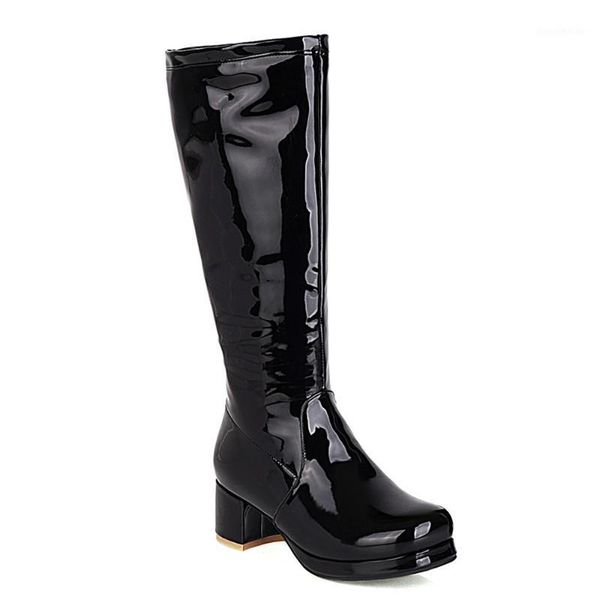

boots patent leather fluorescent green lolita style women's pu thick heel mirror color side zipper knee-length boots1, Black