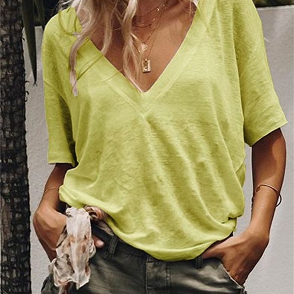 

factoryp3tjtshirt summer tees women ladies loose casual v neck short sleeve solid color, White